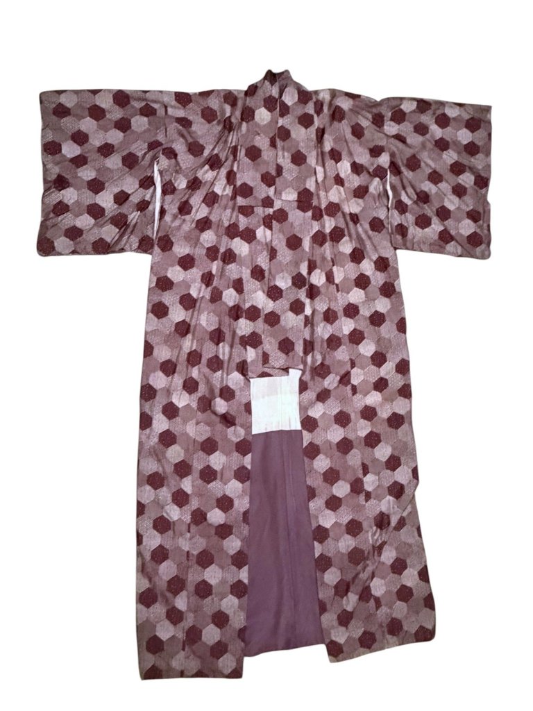 Authentic Vintage Japanese Mens Kimono Burgundy Cream Geometric Showa Period